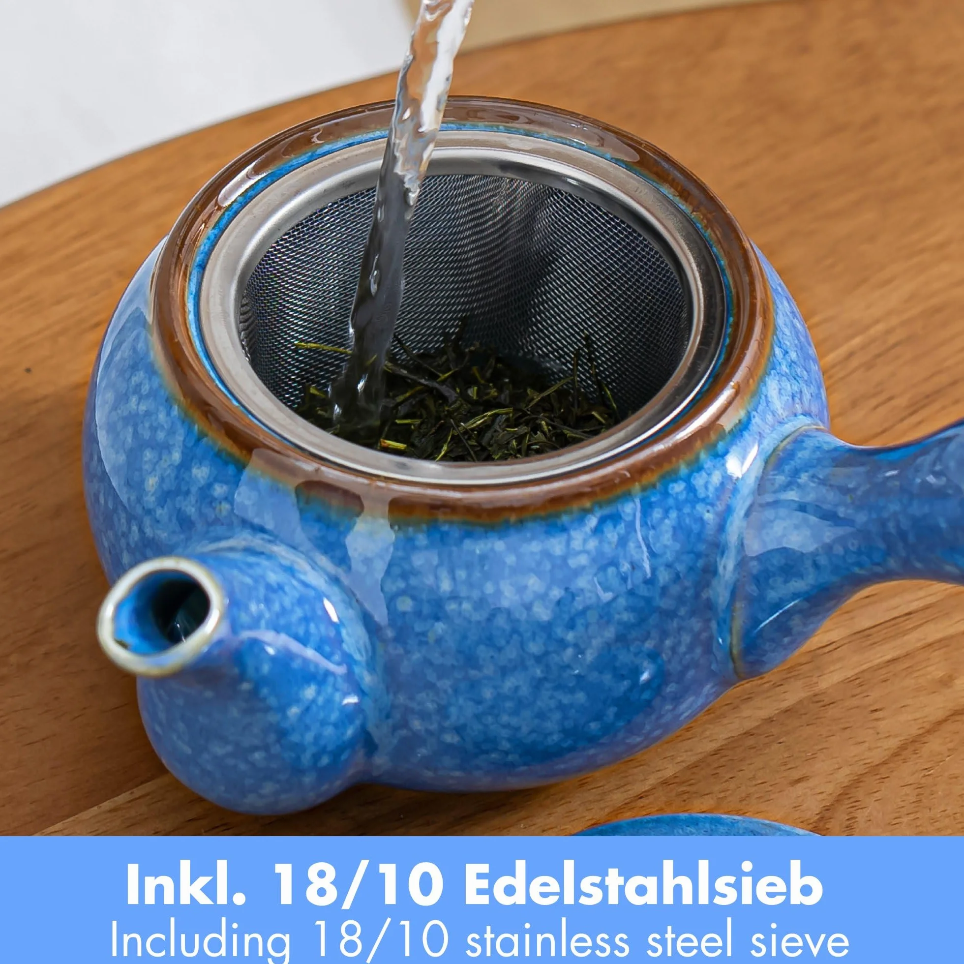 Japoński zestaw do herbaty Kyusu z niebieskiej ceramiki – czajniczek 320 ml z bocznym uchwytem z sitkiem ze stali nierdzewne + 4 filiżanki 110 ml – idealny do herbat Sencha i Gyokuro (Umi)