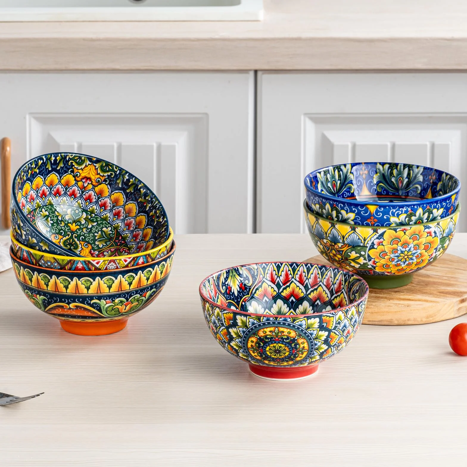 Henten Home Miska do zupy, porcelanowe miseczki deserowe - 300 ml, miseczki na przekąski do lodów, ryżu, deserów, kolorowy zestaw misek do serwowania 6 sztuk - styl bohemski